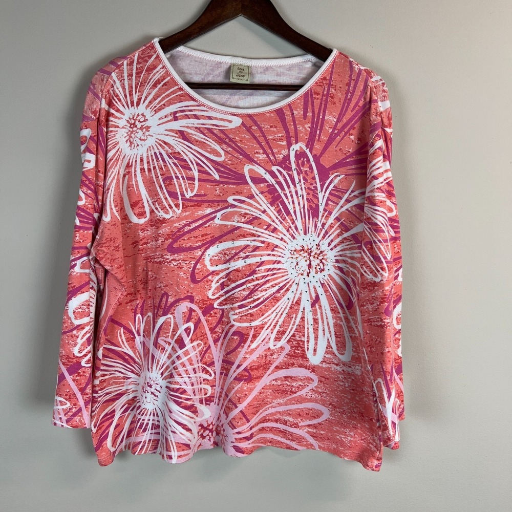Jess & Jane Top Womens XL Water Daisy Pink White Floral Print Cotton Rhinestone